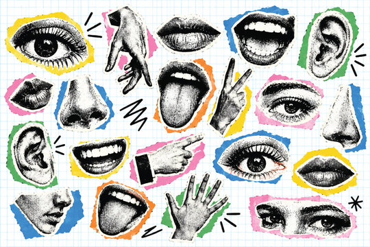 Retro Halftone Body Parts Collage Set, Y2K Vintage Paper CutoutsLips, Eyes, Noses and Hands with Torn Paper Newspaper Texture