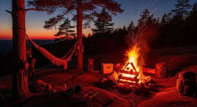 Serene Wilderness Campfire And Hammock Scene At Dusk For Outdoor Adventures