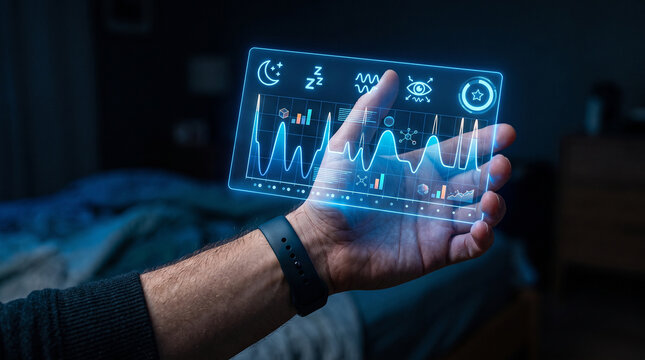 Digital hand interface showing biometric sleep tracking data with glowing blue neon holographic graphs floating in a dark moody room