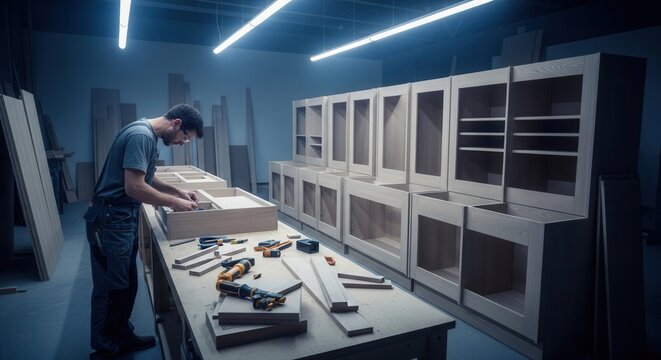 Skilled Carpenter Crafting Custom Cabinetry In A Well-Lit Workshop Setting