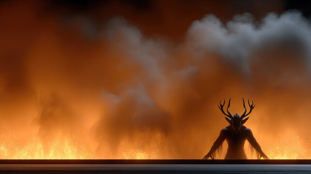Krampus emerging from fiery dust and smoke, symbolizing dark festive folklore, ancient legends, intimidating presence, winter's shadow, and a supernatural christmas menace