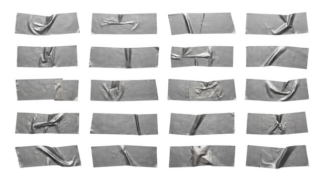 Silver duct tape strip set with realistic wrinkles and textures on a transparent background for digital collages and designs