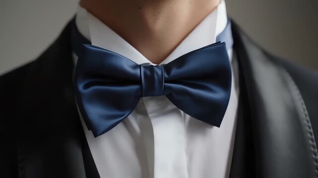 Macro close up of elegant man adjusting blue silk bow tie on tuxedo. Luxury formal fashion and wedding groom concept.
