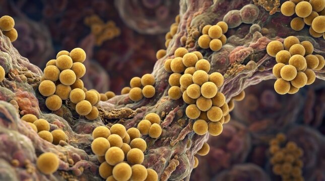 Pathogenic cocci organism: Staphylococcus bacterium, microscopic cell, infectious agent, grape cluster, microbial growth, disease cause, harmful microbe, cellular structure.