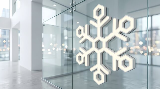 Modern Illuminated Snowflake Sign on Office Glass Wall