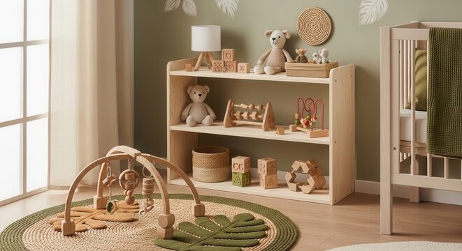Serene Nursery Corner With Natural Wood Toys And Crib Decor