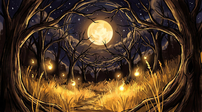 Enchanted forest at night with glowing fireflies and a bright full moon Halloween