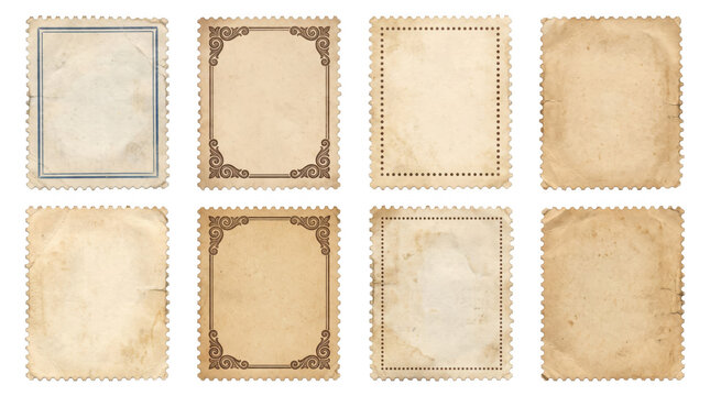 Blank vintage postage stamps set with decorative borders and aged paper textures for retro scrapbooking and postcard designs