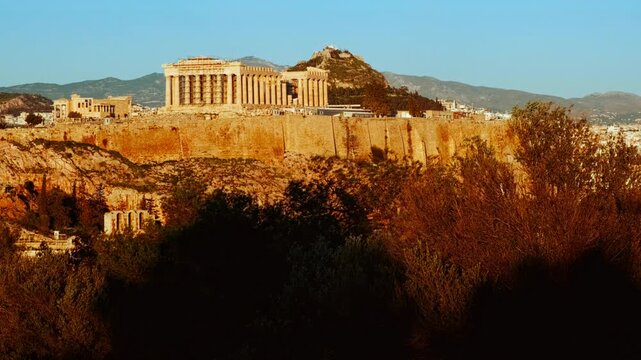 Wide view of the Acropolis and Parthenon at golden hour, Athens, Greece