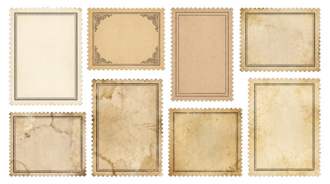 Blank vintage postage stamp collection features aged paper frames with decorative borders for nostalgic design projects