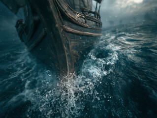 Obraz premium Wooden Ship Bow Cutting Through Rough Ocean Waves