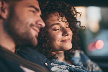Fototapeta premium Young couple smiling with eyes closed while traveling together in a car during sunny daylight