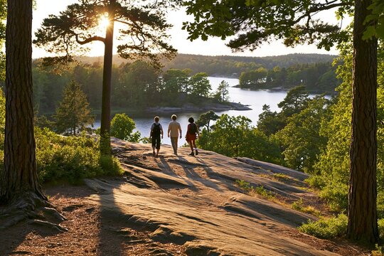 Three friends walking together along a rocky forest path overlooking a scenic lake at sunset