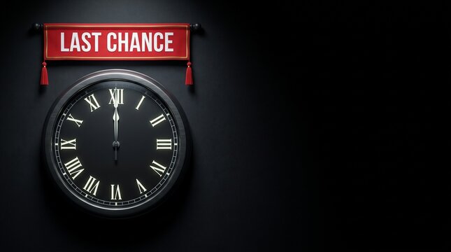 Last Chance Clock With Roman Numerals On A Dark Textured Wall With Copy Space