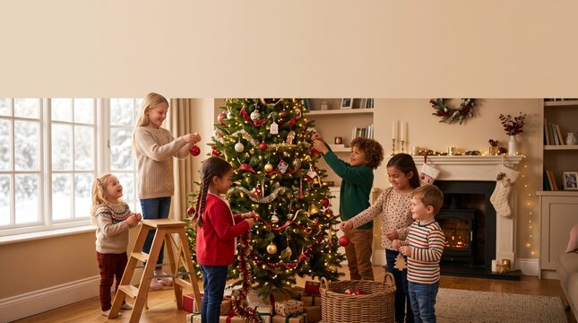 Children happily decorating a Christmas tree together in a cozy living room with a fireplace