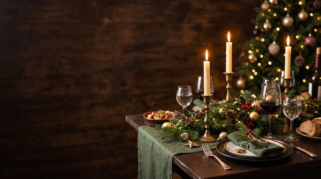 Elegant Christmas Dinner Table Setting with Candles and Decorated Tree in Background