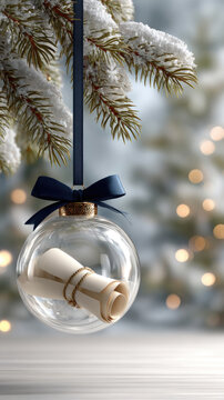 Clear glass christmas ornament holding a rolled diploma tied with a blue ribbon, hanging from a frosted pine branch-symbolizing academic achievement, goals, and a future gift