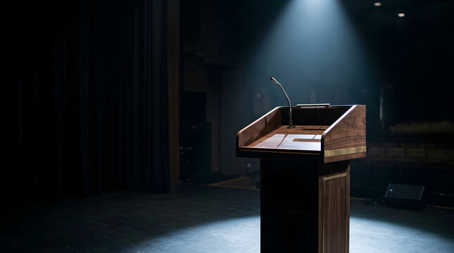 Empty wooden lectern under spotlight on dark stage