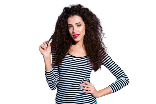 Closeup image photo portrait of nice glad tender elegant graceful with voluminous long brown hairstyle hairdo lady holding hand on waist looking at you camera isolated grey background