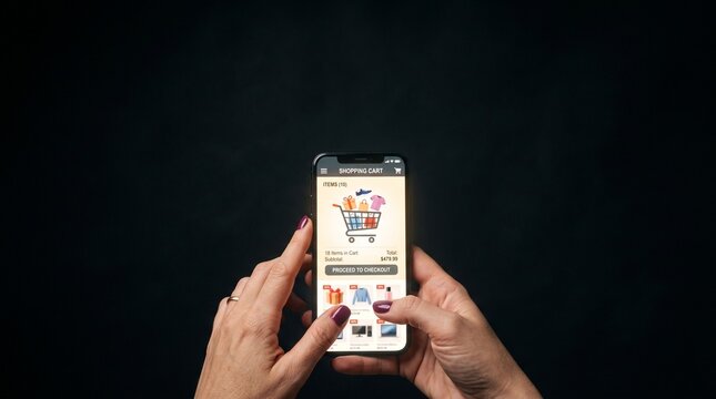 Woman's Hands Holding Smartphone Displaying Online Shopping Cart with Items and Checkout Button
