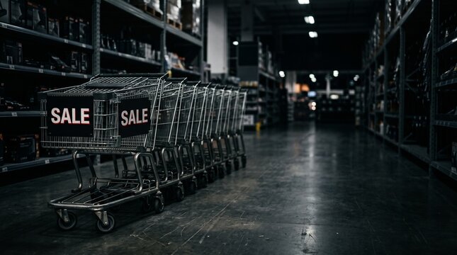 Row of shopping carts with SALE signs in a dimly lit warehouse store aisle