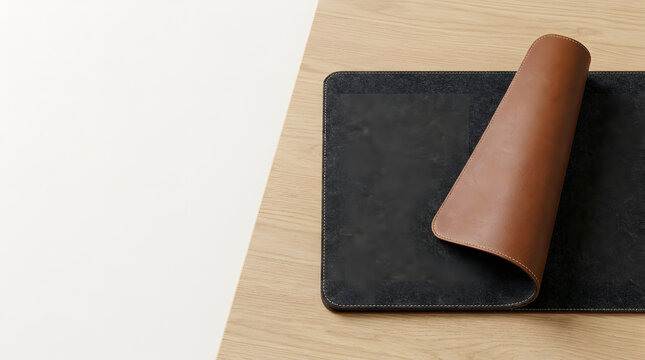High Angle Close Up View Of Reversible Dual Sided Desk Mat Featuring Charcoal Wool Felt And Brown Leather With White Contrast Stitching On Light Oak Desk Over White Background
