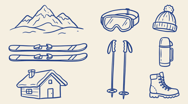 Hand drawn vintage vector set of winter sports and ski resort icons including mountains, skis, and cabin