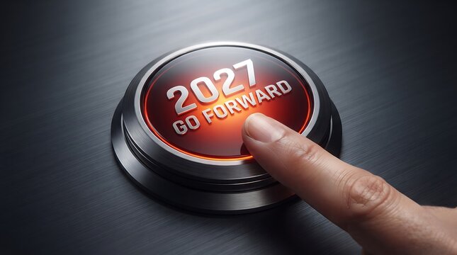 New year 2027 concept with a finger pressing a button metallic and reflective