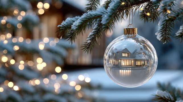 Clear glass christmas bauble holding a miniature cozy house with glowing windows, hanging on a pine tree branch, symbolizing holiday warmth and the dream of a festive home
