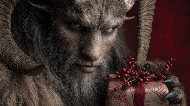 Krampus close-up holding a decorated christmas gift, representing ancient alpine folklore and the darker side of holiday traditions, juxtaposing menace with festive elements