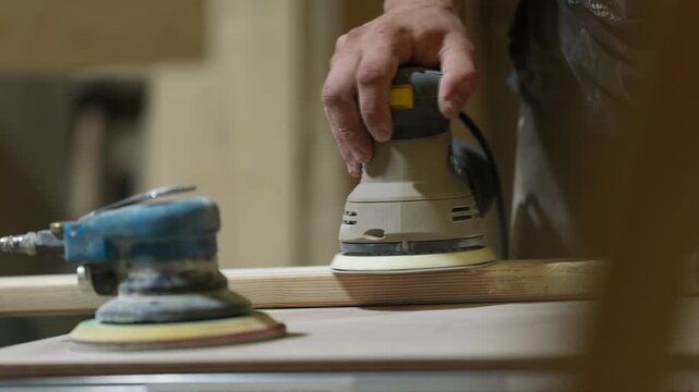 Worker sanding plywood panel with orbital sander in woodworking workshop