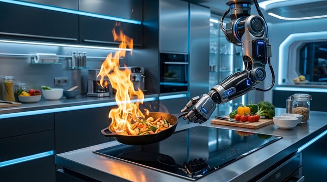 Advanced robotic arm cooking food in a modern high tech kitchen with flames in a frying pan