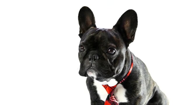 A cute french bulldog wearing a red plaid tie looking to the side isolated on white background