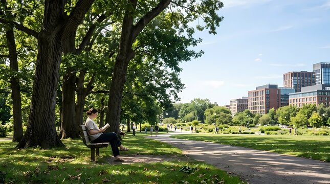 Woman Reading a Book on a Bench in a Sunny City Park