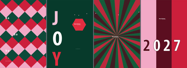 Obraz premium Set of Four Festive Holiday Decorative Graphic Patterns Featuring Geometric Shapes and Modern Seasonal Typography Designs for Greeting Cards and Prints
