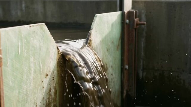 A pale green fiberglass v-notch weir plate discharging a thick continuous curtain of sludge in a medium close-up