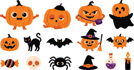 Fototapeta premium A collection of cute cartoon halloween elements featuring pumpkins cats bats spiders and spooky decorations on a white background