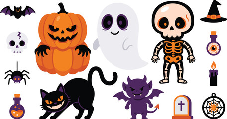 Fototapeta premium A collection of cute cartoon halloween icons featuring a pumpkin ghost skeleton black cat and other spooky holiday themed elements