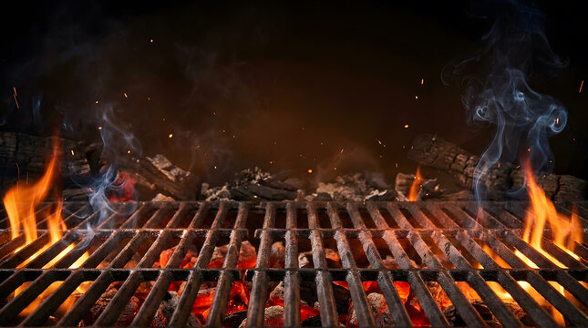 Hot charcoal grill with flames and smoke