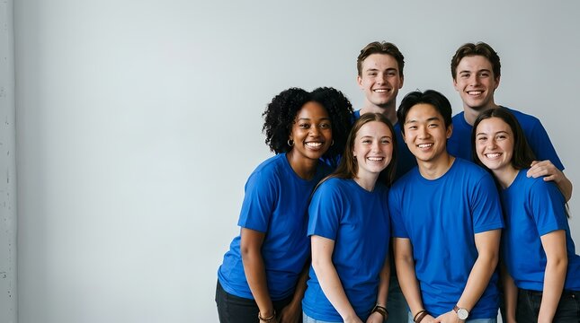 Group of Happy Diverse Young Volunteers Wearing Blue T Shirts