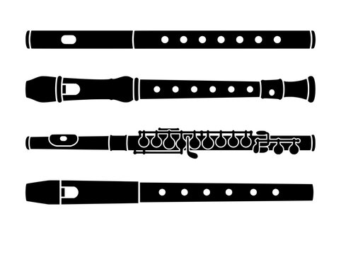 Musical flute silhouette collection. Set of 4 woodwind instrument icons. Black flute and recorder vector graphics for music education.