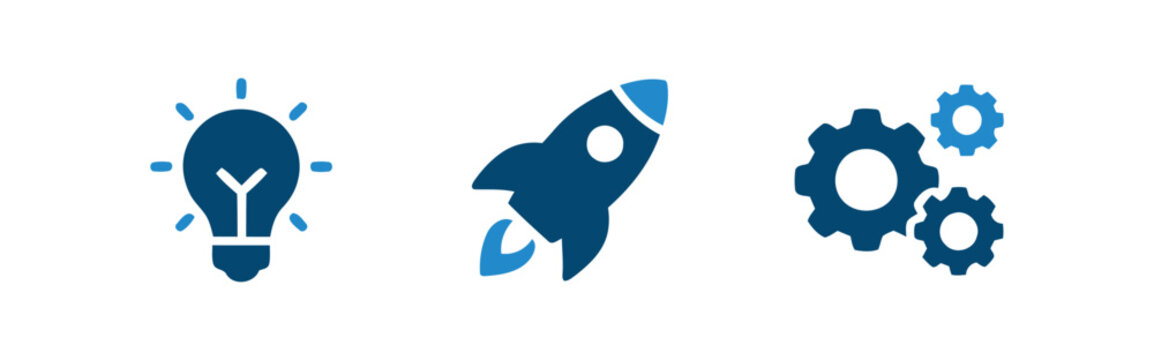 Set of three blue business icons representing innovation and startup growth with lightbulb rocket and gear symbols