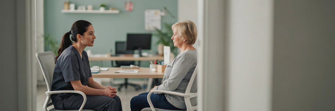 Female healthcare worker in grey scrubs sitting and talking to an elderly woman patient during a medical consultation in a bright clinic office