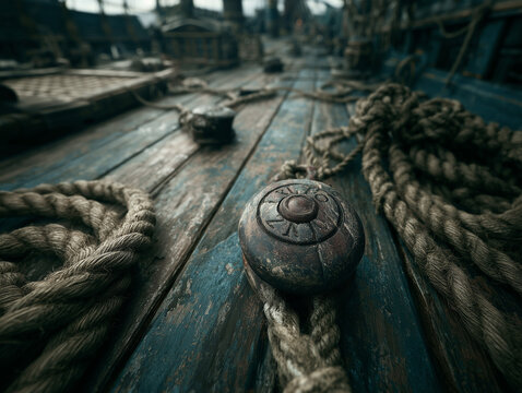 Old Wooden Pulley and Ropes on Weathered Ship Deck