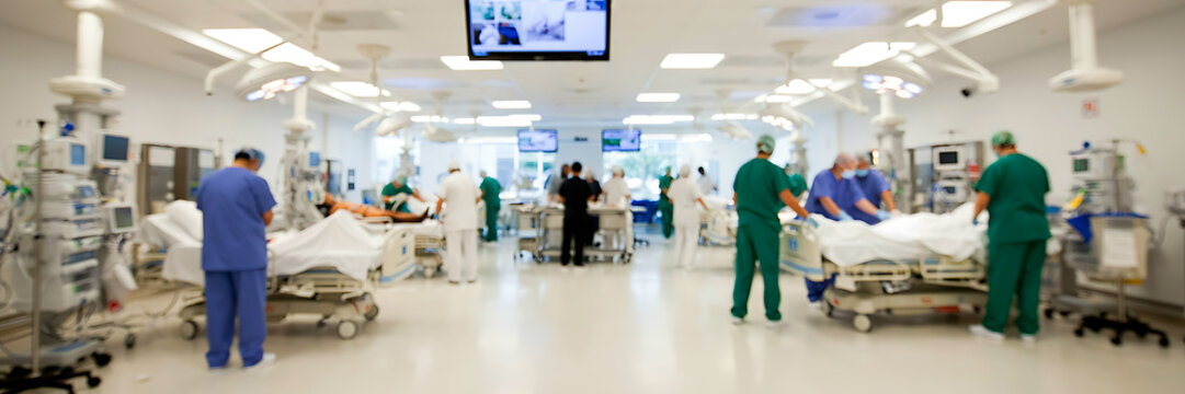 Medical professionals in scrubs working inside a hospital intensive care unit with patients in beds and various monitoring equipment visible