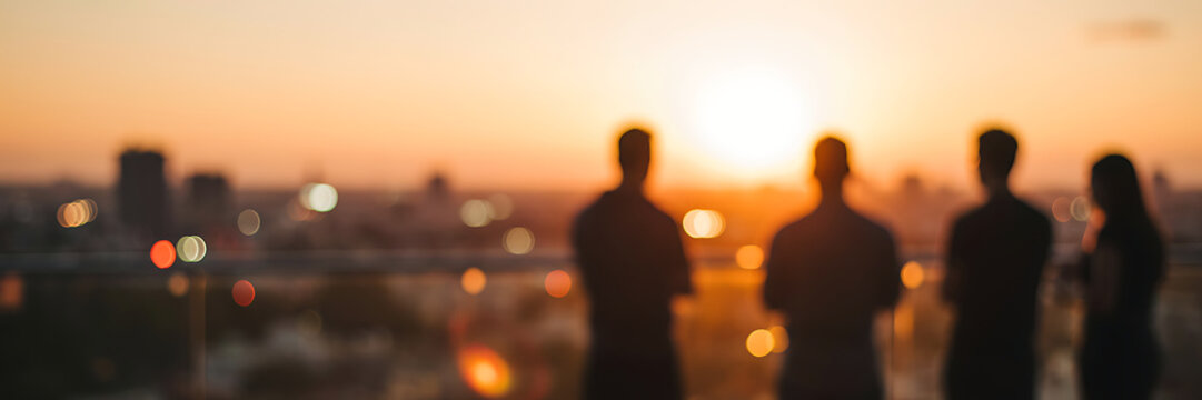 Silhouettes of a group of people standing on a rooftop balcony overlooking a blurred city skyline during a warm golden sunset at dusk