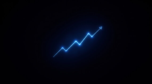 Glowing blue financial growth arrow, neon digital stock market chart line, rising business success graph on black background