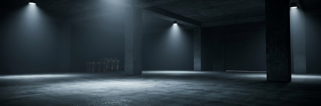 Vast empty dark industrial basement with concrete pillars and floor illuminated by overhead lights casting dramatic beams and deep shadows