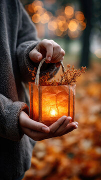 Children's hands holding a handmade glowing lantern, celebrating saint martin's day tradition, illuminating the autumn evening with warmth and festive light