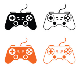 Gamepad joystick vector icon set featuring black and orange game controllers for video games, gaming entertainment, e sports, and console app design. © NAJMUL